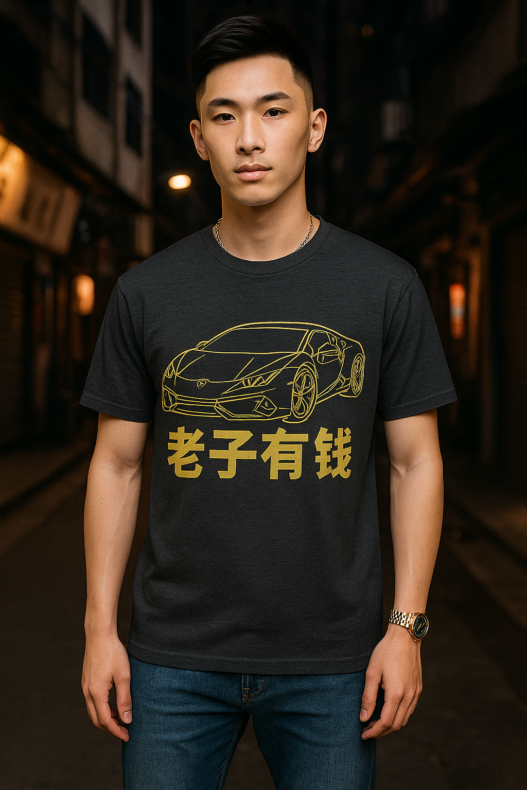 Tuhao Industries Lambo gold-flex graphic tee detail view