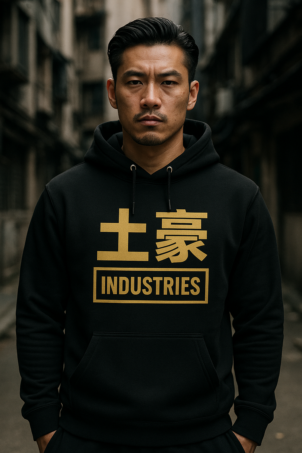 Tuhao Industries gold-print logo hoodie detail view