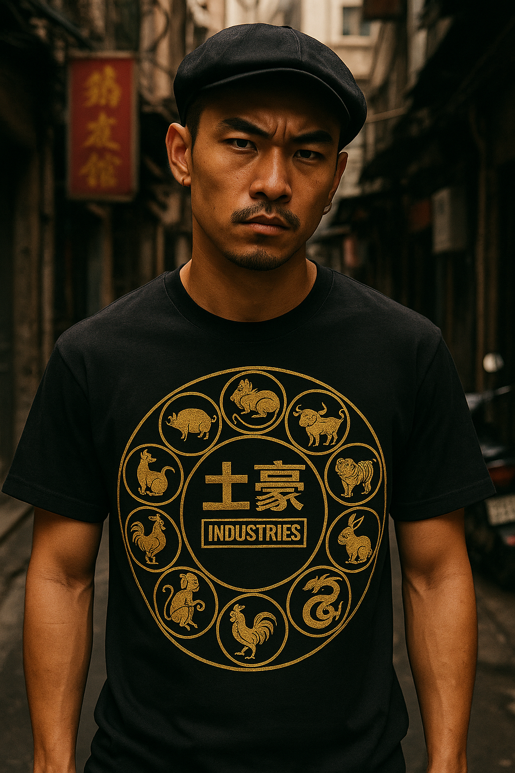 Tuhao Industries Chinese zodiac gold-ring graphic tee detail view